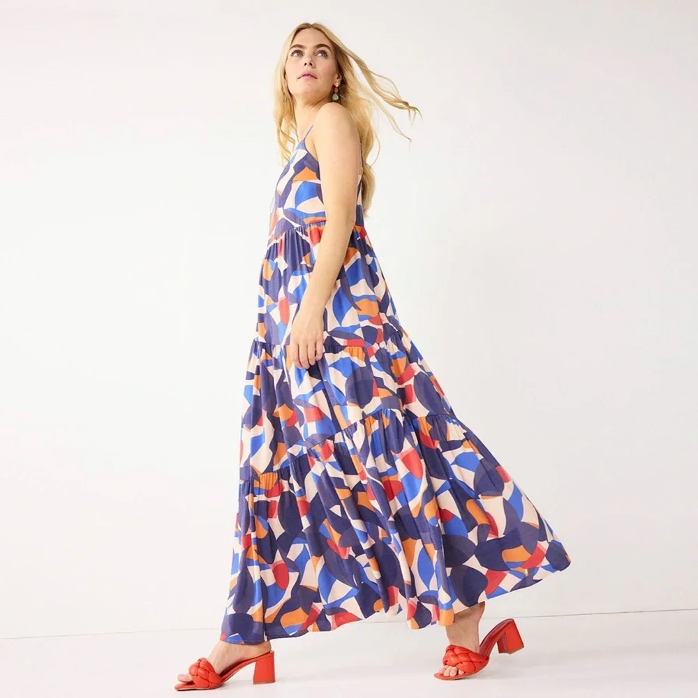 Nine West Asymmetrical Tiered Maxi Dress Women’s XL Tropical Colorful Resortwear - Picture 2 of 9